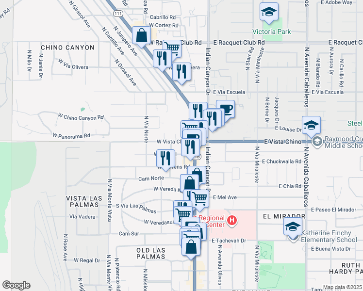 map of restaurants, bars, coffee shops, grocery stores, and more near 225 West Vista Chino in Palm Springs