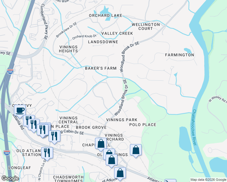 map of restaurants, bars, coffee shops, grocery stores, and more near 4439 North Elizabeth Lane Southeast in Atlanta