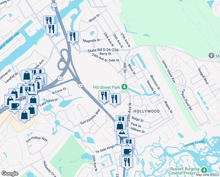 map of restaurants, bars, coffee shops, grocery stores, and more near 1304 Planters Grove Lane in North Myrtle Beach