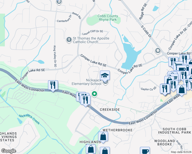 map of restaurants, bars, coffee shops, grocery stores, and more near 2133 Berryhill Circle Southeast in Smyrna