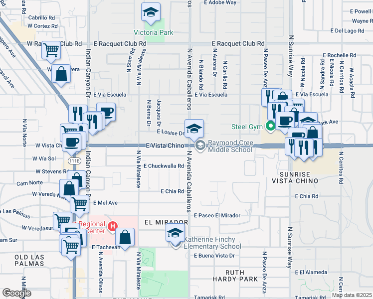 map of restaurants, bars, coffee shops, grocery stores, and more near in Palm Springs
