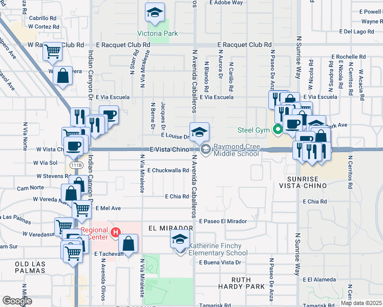 map of restaurants, bars, coffee shops, grocery stores, and more near 965 East Vista Chino in Palm Springs