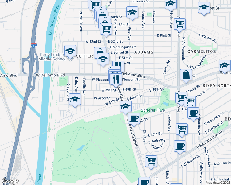 map of restaurants, bars, coffee shops, grocery stores, and more near 30 West 49th Street in Long Beach