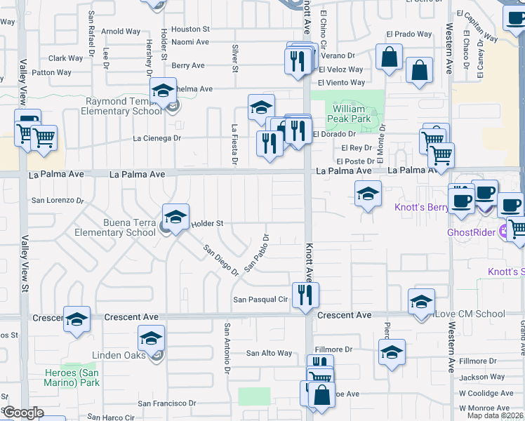 map of restaurants, bars, coffee shops, grocery stores, and more near 8102 San Hilario Circle in Buena Park
