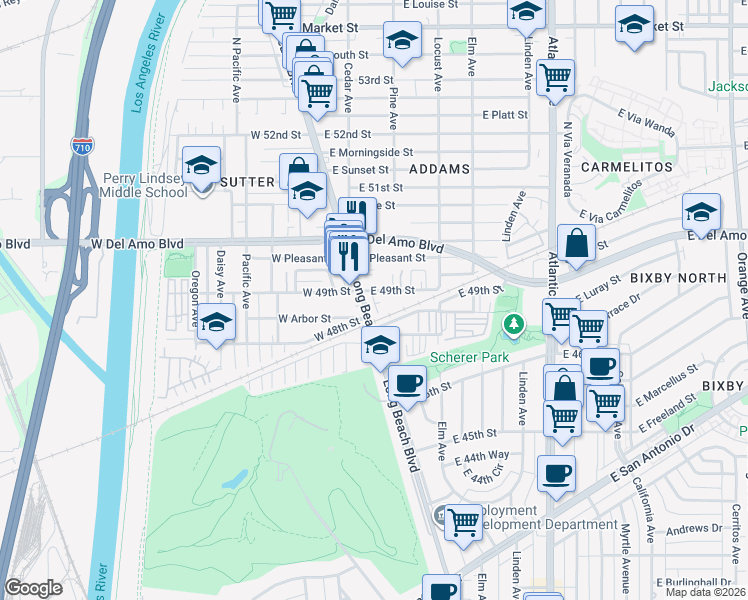 map of restaurants, bars, coffee shops, grocery stores, and more near 4860 Long Beach Boulevard in Long Beach