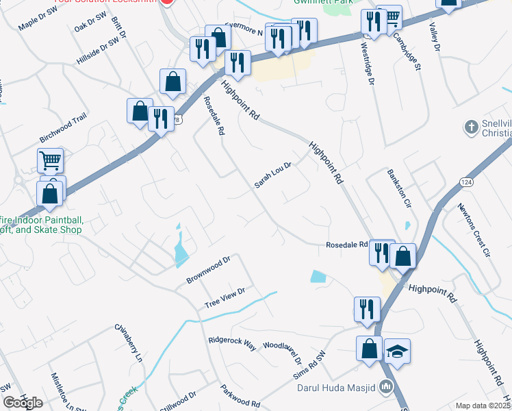 map of restaurants, bars, coffee shops, grocery stores, and more near 2357 Rosedale Road in Snellville