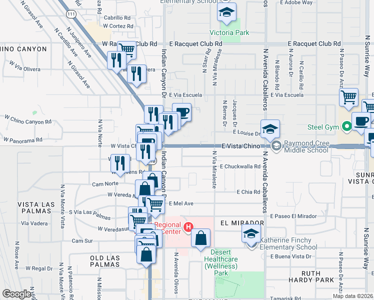 map of restaurants, bars, coffee shops, grocery stores, and more near 401 East Vista Chino in Palm Springs