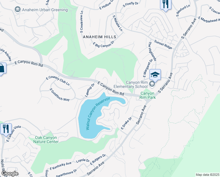 map of restaurants, bars, coffee shops, grocery stores, and more near 7305 East Canyon Rim Road in Anaheim