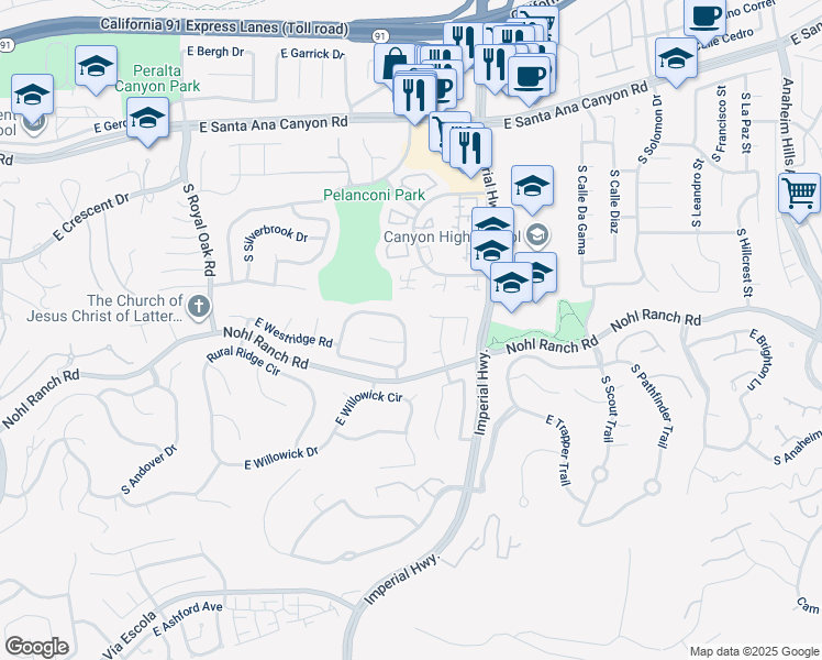 map of restaurants, bars, coffee shops, grocery stores, and more near 463 South Westridge Circle in Anaheim