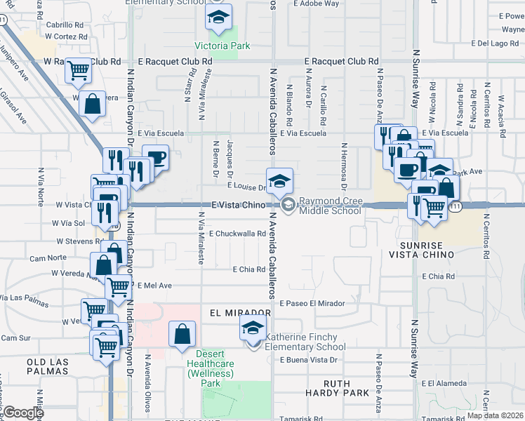 map of restaurants, bars, coffee shops, grocery stores, and more near 959 East Vista Chino in Palm Springs
