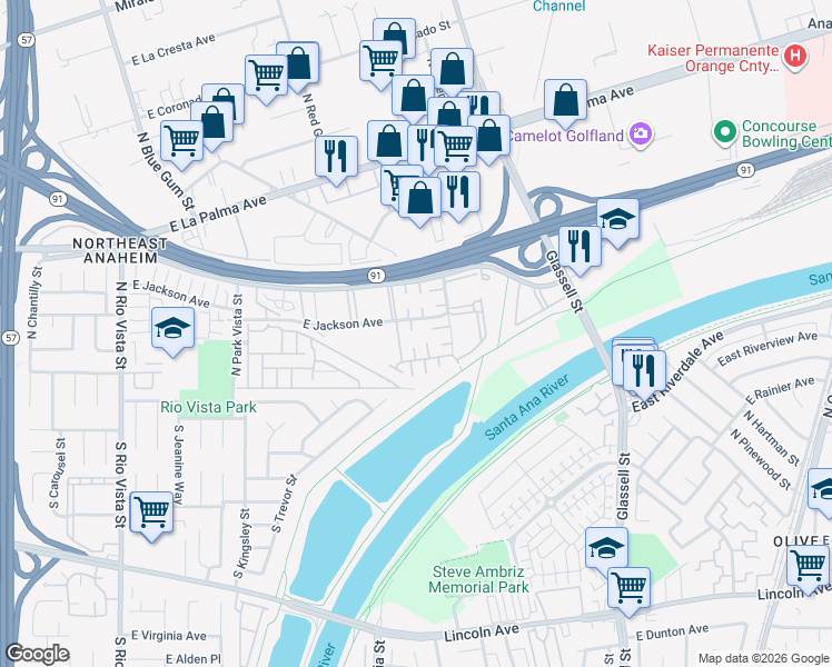 map of restaurants, bars, coffee shops, grocery stores, and more near 404 North Vía Porto in Anaheim