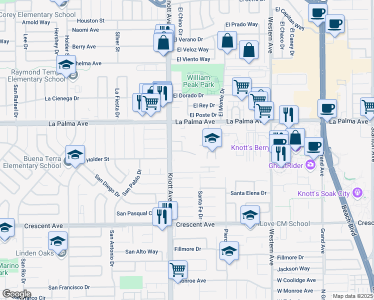 map of restaurants, bars, coffee shops, grocery stores, and more near 108 Santa Irene Circle in Buena Park