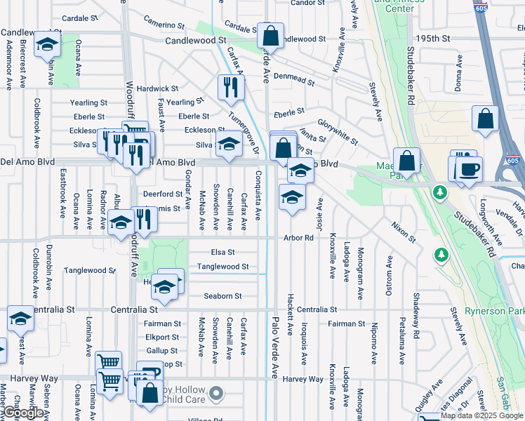 map of restaurants, bars, coffee shops, grocery stores, and more near 4748 Conquista Avenue in Lakewood