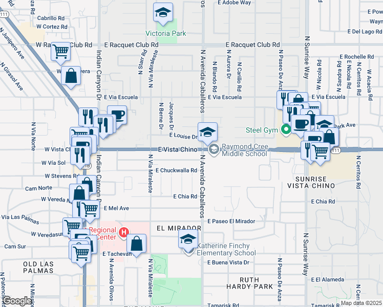 map of restaurants, bars, coffee shops, grocery stores, and more near 955 East Vista Chino in Palm Springs