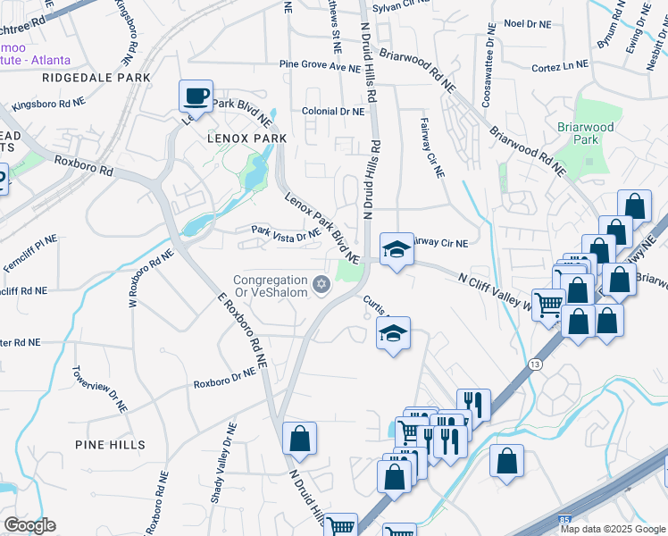 map of restaurants, bars, coffee shops, grocery stores, and more near 1179 Lynmoor Drive Northeast in Atlanta