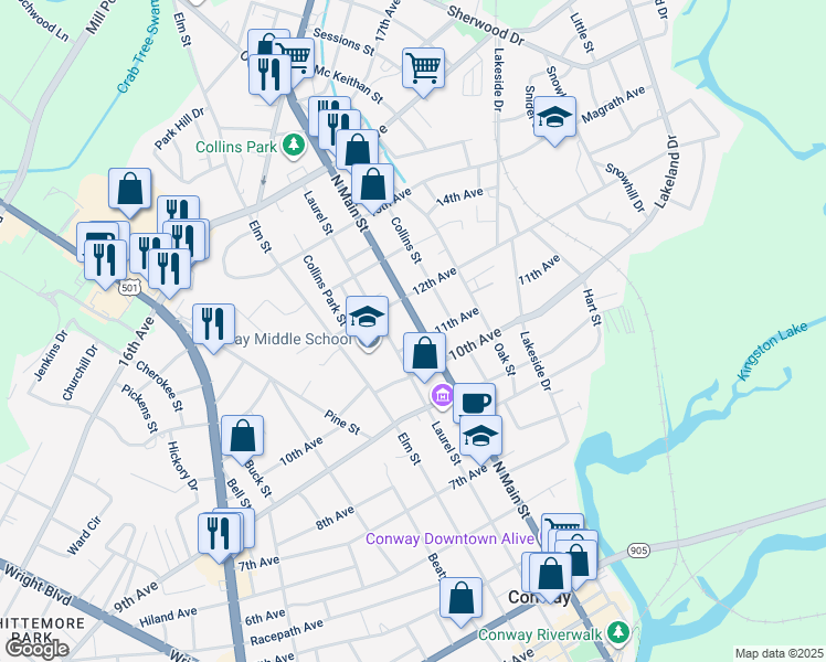 map of restaurants, bars, coffee shops, grocery stores, and more near 1103 North Main Street in Conway