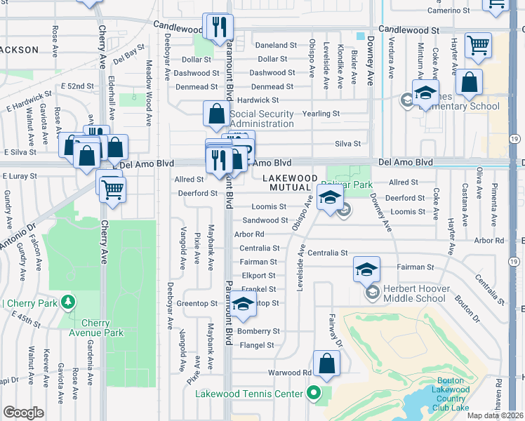 map of restaurants, bars, coffee shops, grocery stores, and more near 2808 Loomis Street in Lakewood
