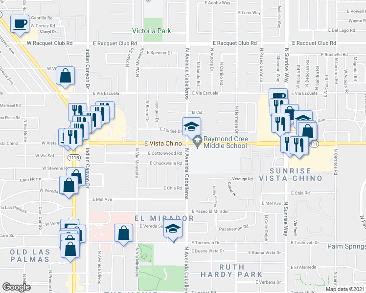 map of restaurants, bars, coffee shops, grocery stores, and more near in Palm Springs