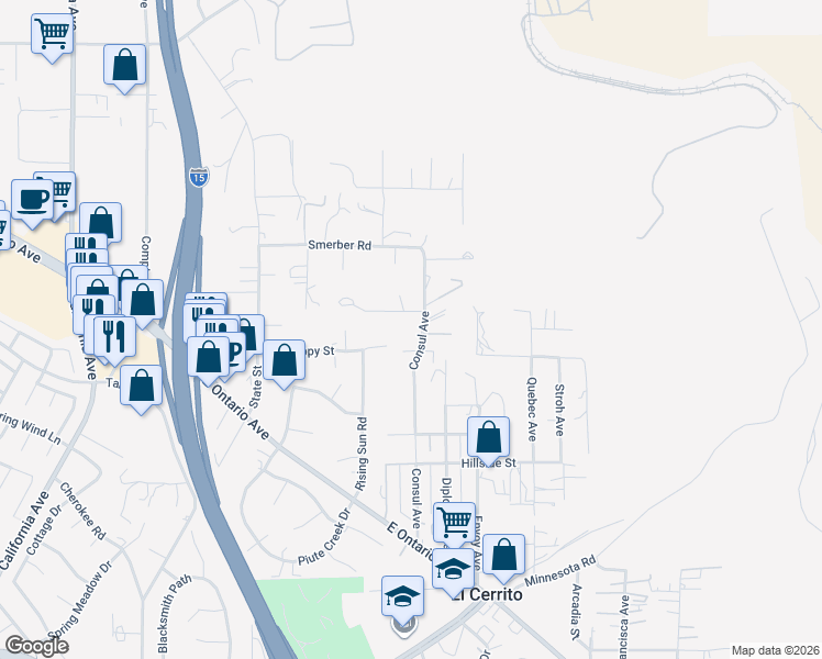 map of restaurants, bars, coffee shops, grocery stores, and more near 7550 Poppy Street in Corona