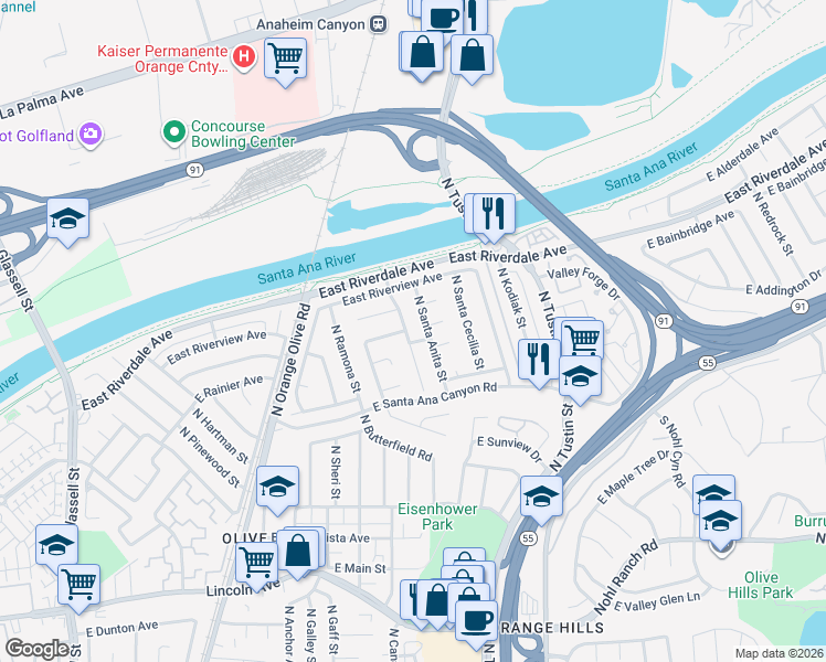 map of restaurants, bars, coffee shops, grocery stores, and more near 4138 North Santa Anita Street in Orange