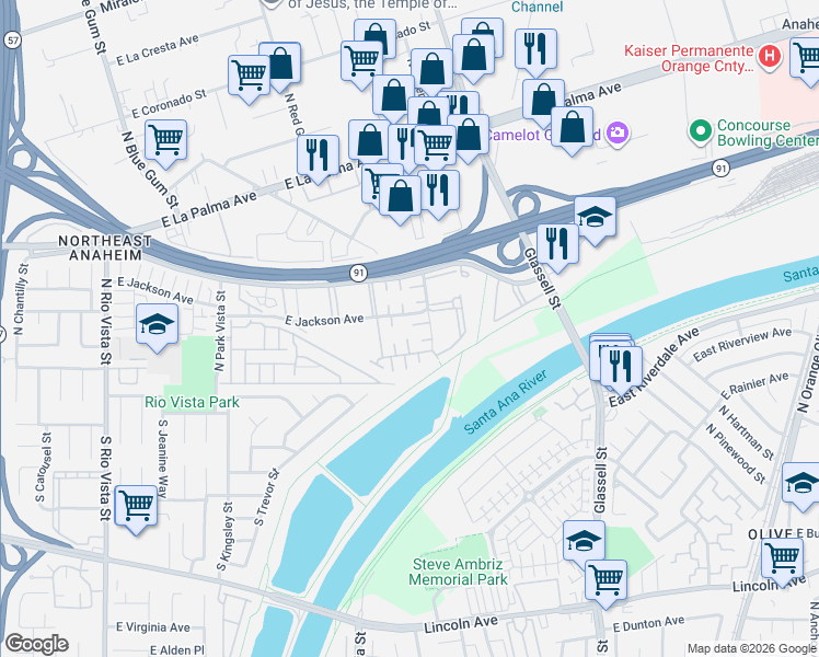 map of restaurants, bars, coffee shops, grocery stores, and more near 3004 East Vía Siena in Anaheim