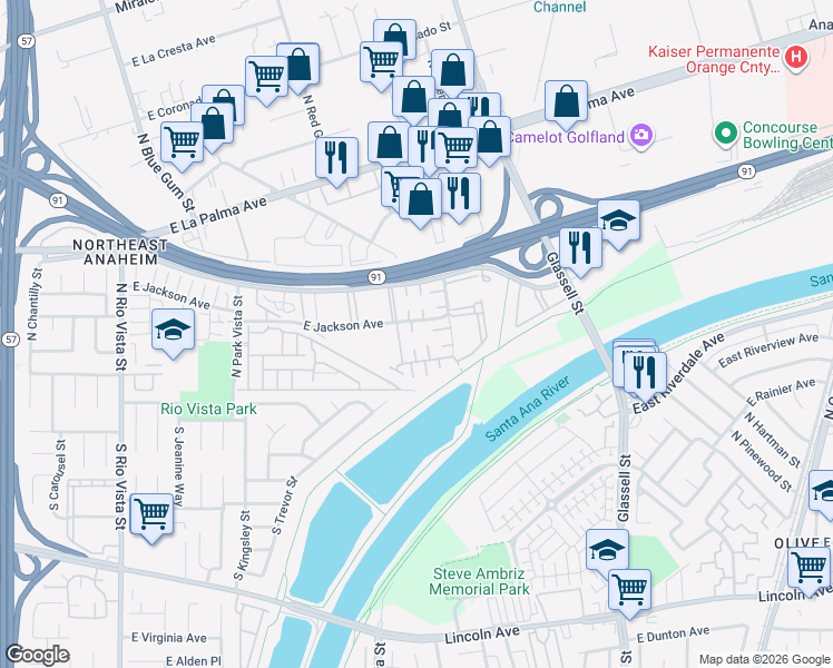 map of restaurants, bars, coffee shops, grocery stores, and more near 404 North Vía Porto in Anaheim
