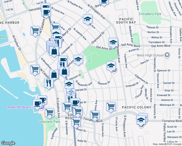 map of restaurants, bars, coffee shops, grocery stores, and more near 502 El Redondo Avenue in Redondo Beach