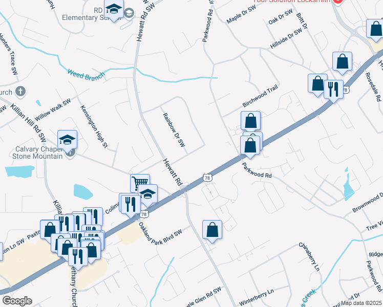 map of restaurants, bars, coffee shops, grocery stores, and more near 3607 Rainbow Circle Southwest in Snellville