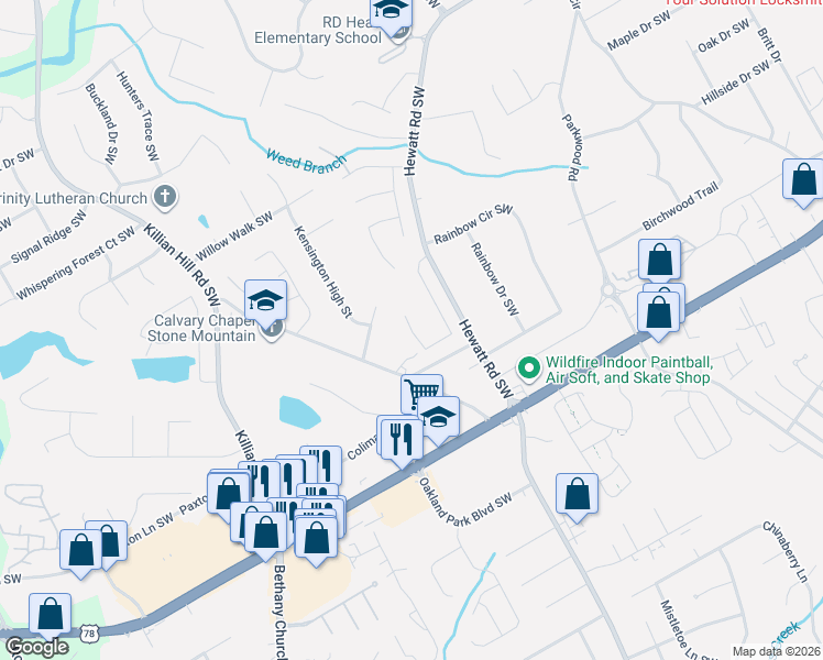 map of restaurants, bars, coffee shops, grocery stores, and more near 2024 Kensington Court in Lilburn
