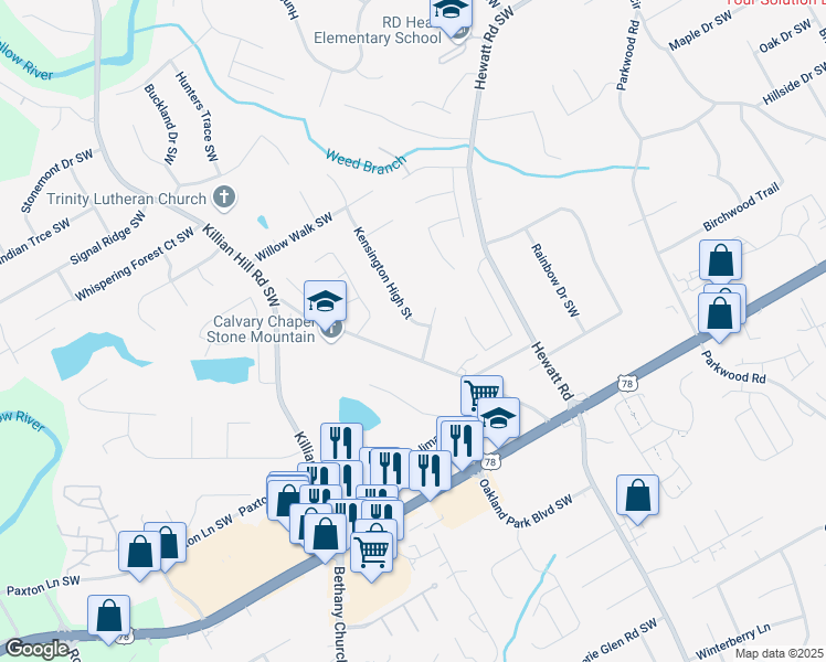 map of restaurants, bars, coffee shops, grocery stores, and more near 2027 Kensington High Street in Lilburn