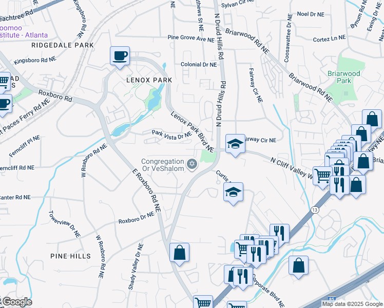 map of restaurants, bars, coffee shops, grocery stores, and more near 1149 Lynmoor Drive Northeast in Atlanta
