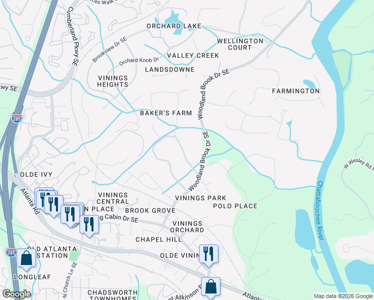 map of restaurants, bars, coffee shops, grocery stores, and more near 4439 North Elizabeth Lane Southeast in Atlanta