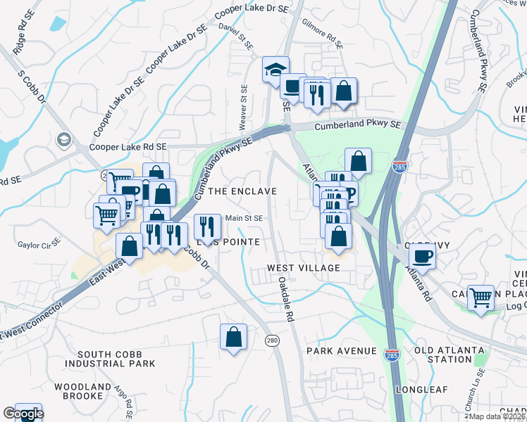 map of restaurants, bars, coffee shops, grocery stores, and more near 4500 Oakdale Road in Smyrna