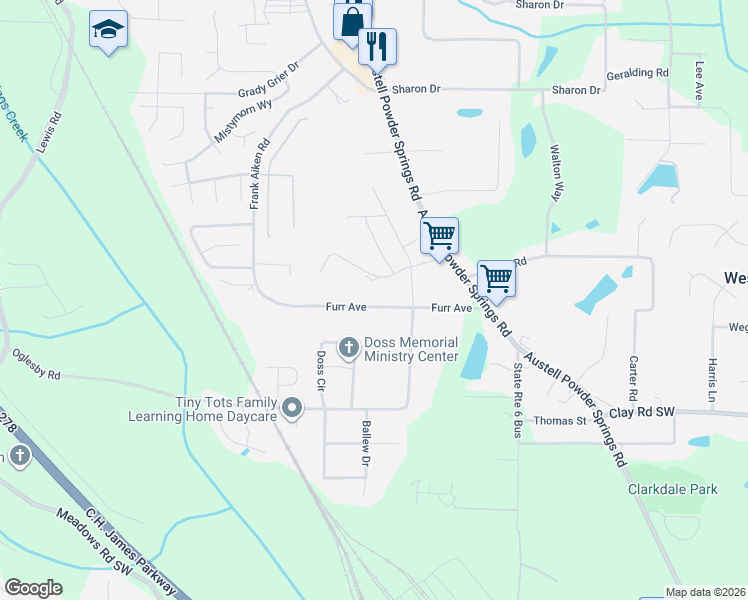 map of restaurants, bars, coffee shops, grocery stores, and more near 4609 Frank Aiken Road in Powder Springs