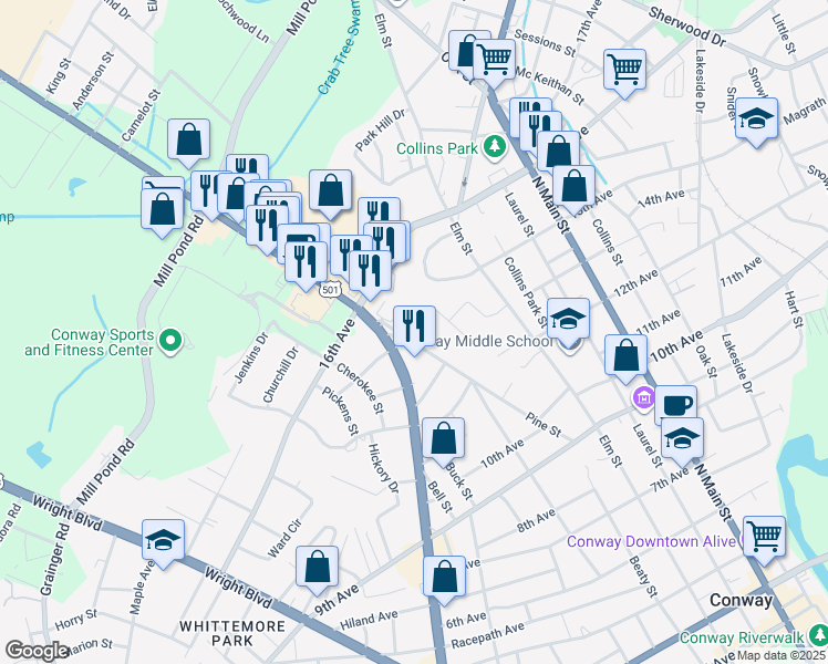 map of restaurants, bars, coffee shops, grocery stores, and more near 1214 Pine Street in Conway