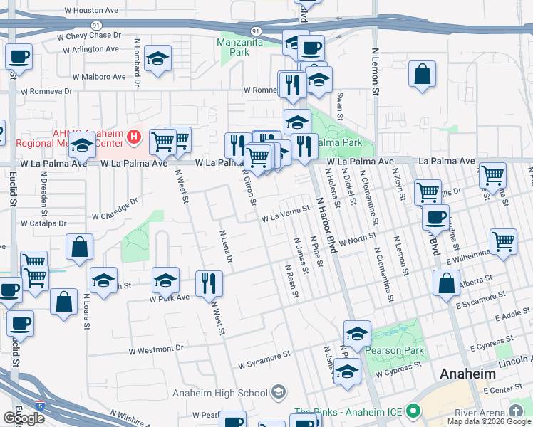 map of restaurants, bars, coffee shops, grocery stores, and more near 707 West La Verne Street in Anaheim