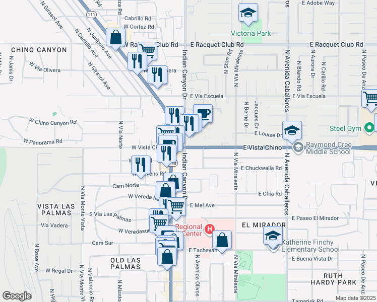 map of restaurants, bars, coffee shops, grocery stores, and more near 1555 North Chaparral Road in Palm Springs