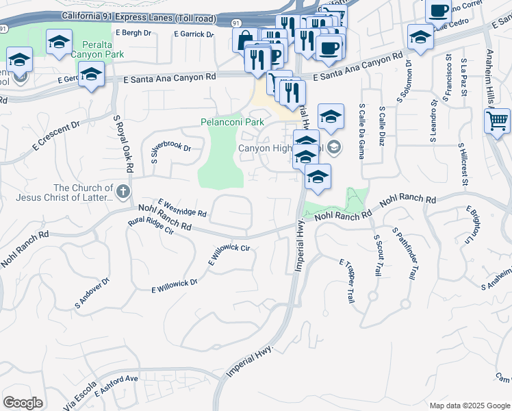 map of restaurants, bars, coffee shops, grocery stores, and more near 463 South Westridge Circle in Anaheim