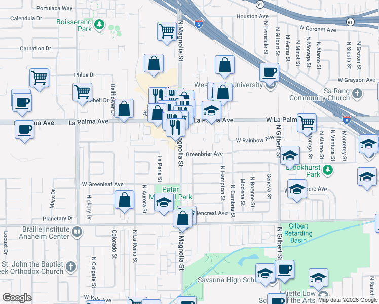 map of restaurants, bars, coffee shops, grocery stores, and more near 1001 North Hanover Place in Anaheim
