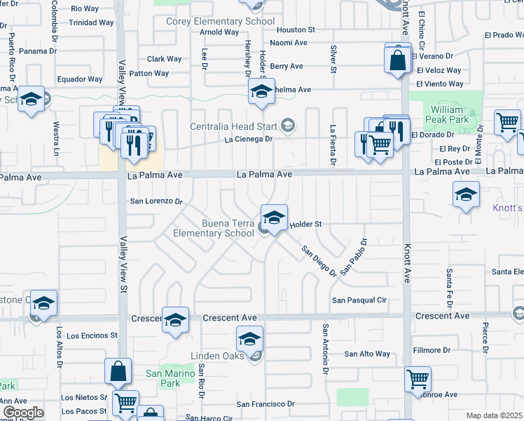 map of restaurants, bars, coffee shops, grocery stores, and more near San Marino Dr & San Diego Dr in Buena Park