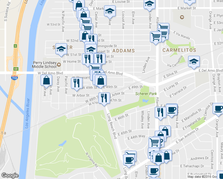 map of restaurants, bars, coffee shops, grocery stores, and more near 164 East 49th Street in Long Beach