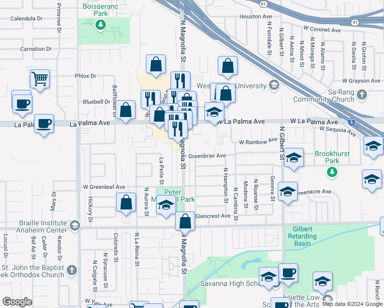 map of restaurants, bars, coffee shops, grocery stores, and more near 1001 North Hanover Place in Anaheim