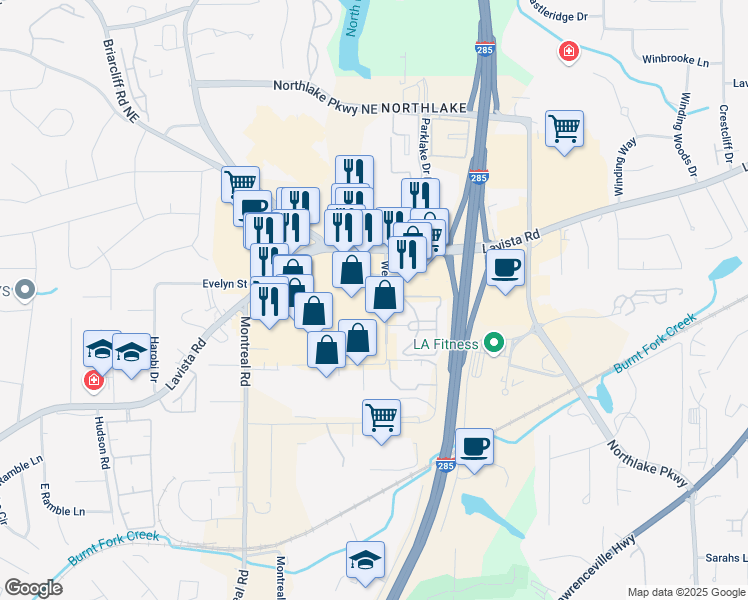 map of restaurants, bars, coffee shops, grocery stores, and more near 4083 Lavista Road in Tucker