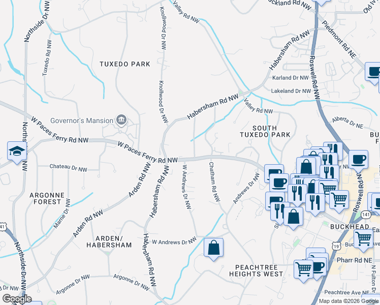 map of restaurants, bars, coffee shops, grocery stores, and more near 223 West Paces Ferry Road Northwest in Atlanta