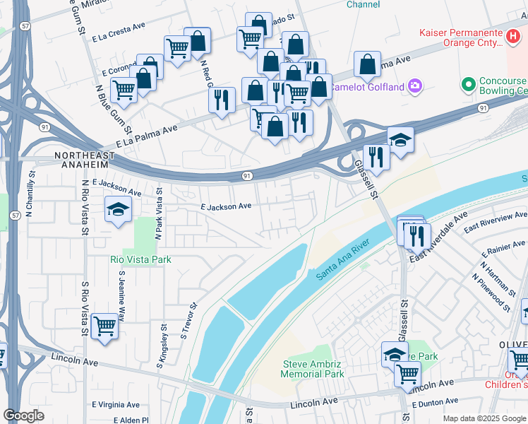 map of restaurants, bars, coffee shops, grocery stores, and more near 404 North Vía Porto in Anaheim