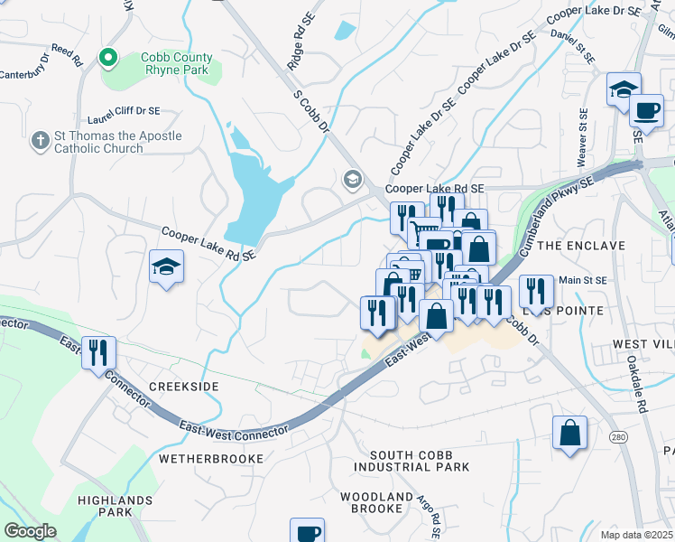 map of restaurants, bars, coffee shops, grocery stores, and more near 4397 Coopers Creek Drive Southeast in Smyrna