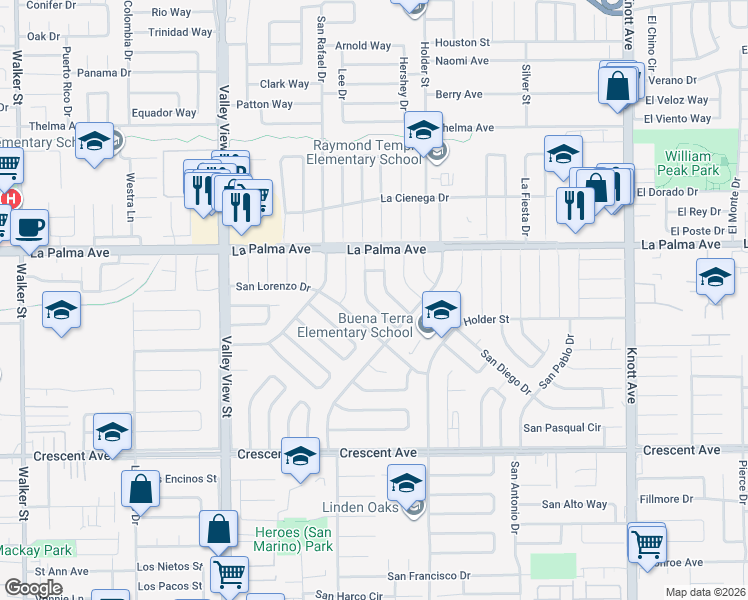 map of restaurants, bars, coffee shops, grocery stores, and more near 8101 San Miguel Circle in Buena Park