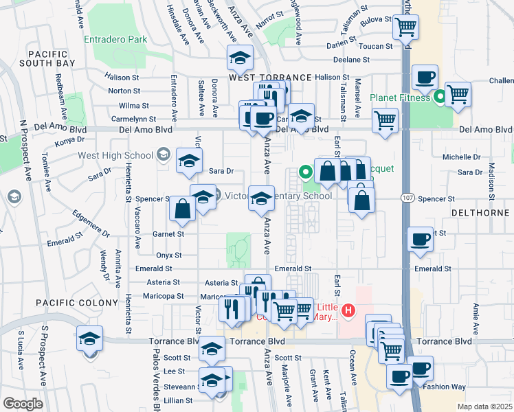 map of restaurants, bars, coffee shops, grocery stores, and more near 20501 Anza Avenue in Torrance