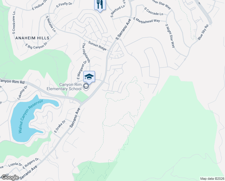 map of restaurants, bars, coffee shops, grocery stores, and more near 1098 South Sundance Drive in Anaheim