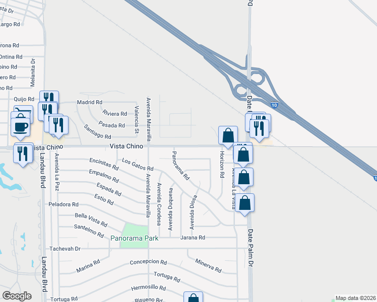 map of restaurants, bars, coffee shops, grocery stores, and more near 68745 Vista Chino in Cathedral City